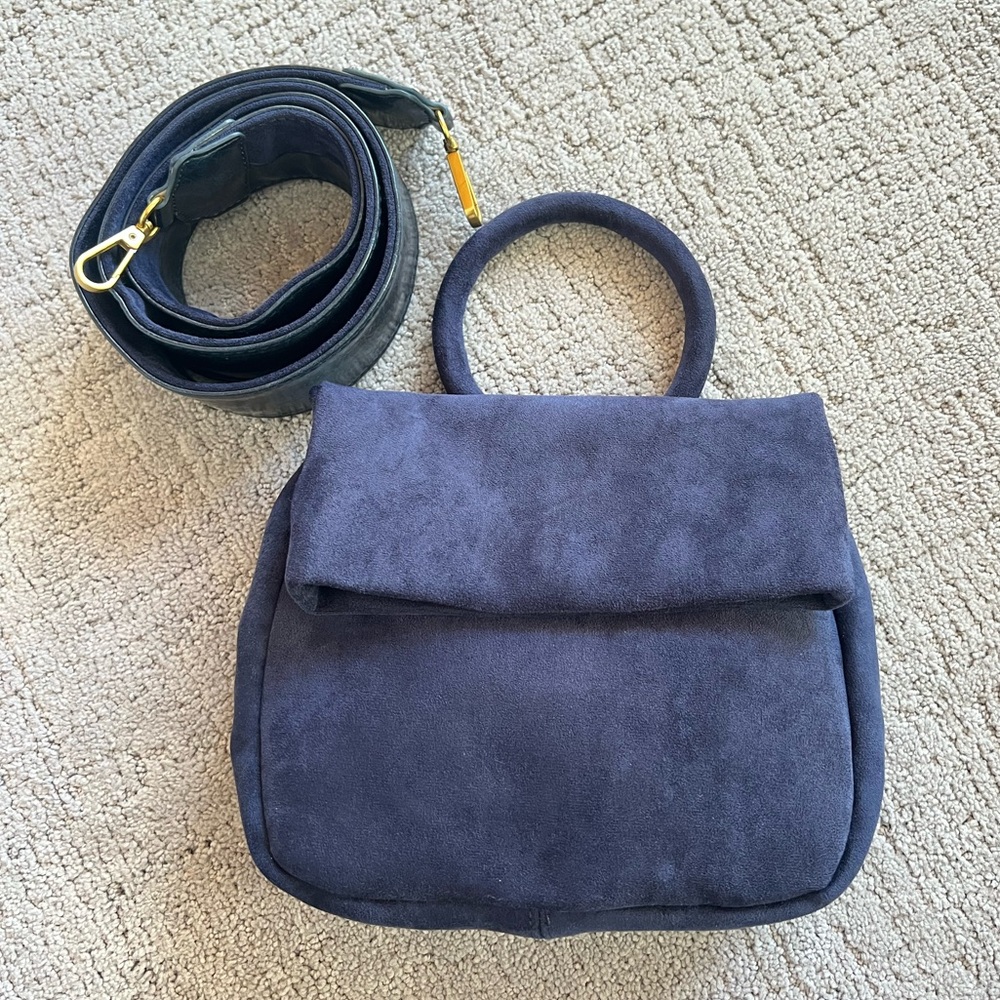 Anthropologie Navy Blue Faux Suede Circle Handle  Handbag